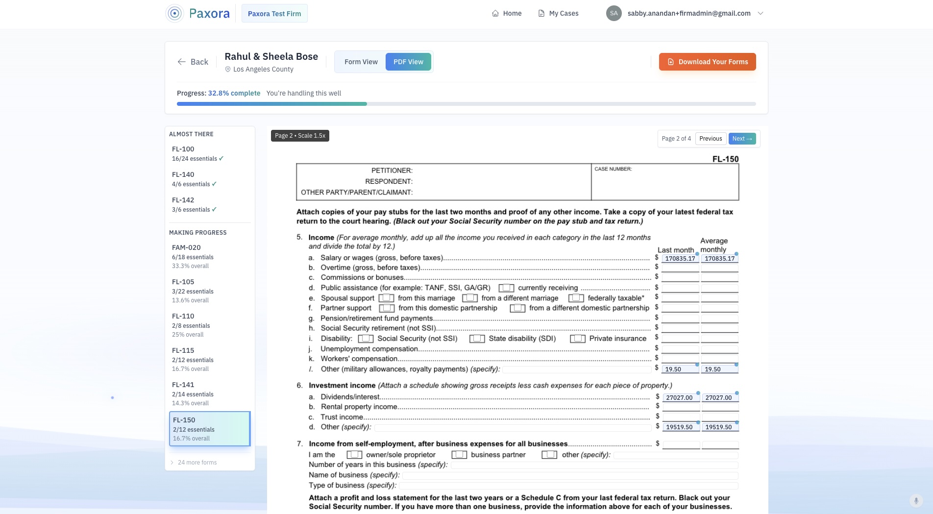 Court forms populated